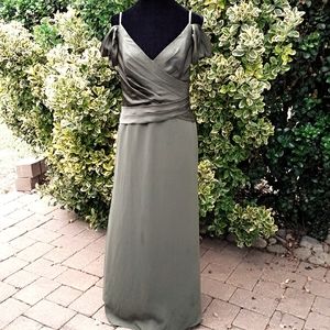WHITE by VERA WANG Olive Satin and Chiffon Evening Surplice Gown w/ Side Slit